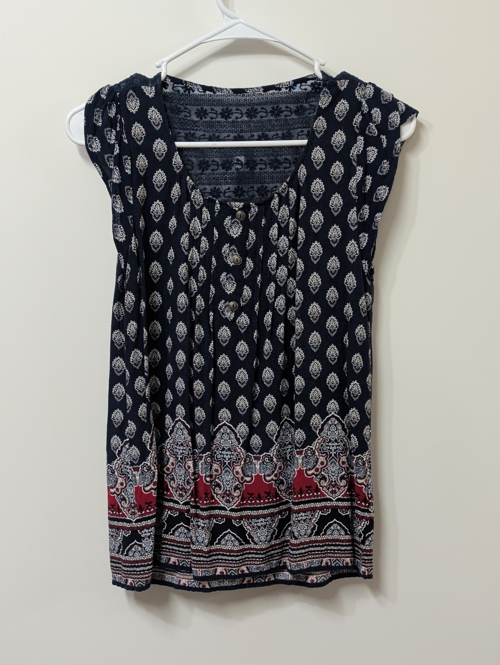 Miss Daisy Bohemian Navy Tile Print Cap-Sleeve Blouse